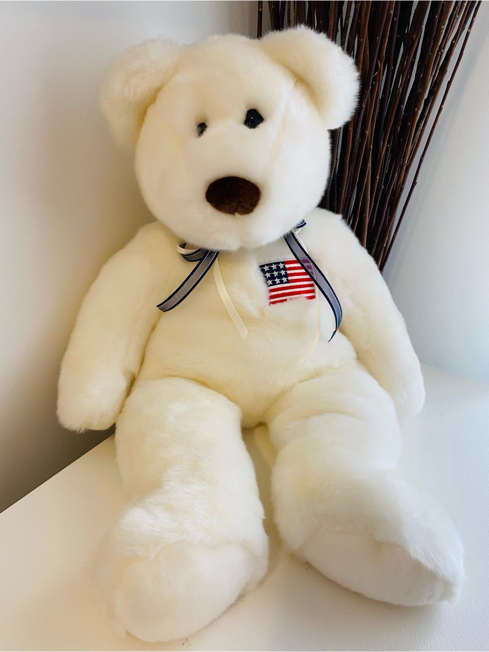 Ty White Beanie Buddies Plush Teddy Bear with American Flag Patch, 20”